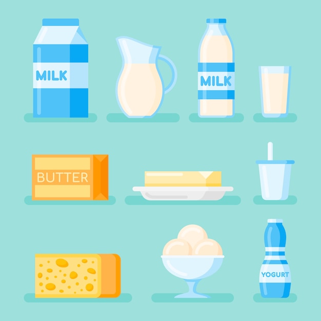 Vector set of dairy products flat style icon. milk, cheese, butter, yogurt and ice cream.