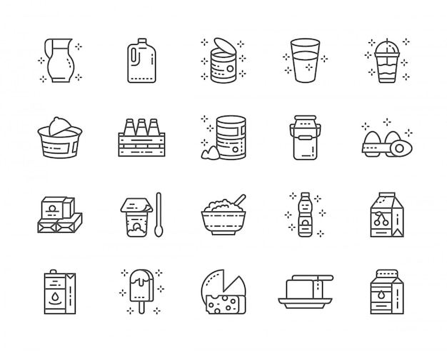 Set of dairy products line icons. milk, cream, kefir, yogurt, milkshake and more