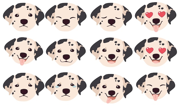 Set of Dalmatian dog emotions Funny Smiling and angry sad and delight dog Face of dog cartoon