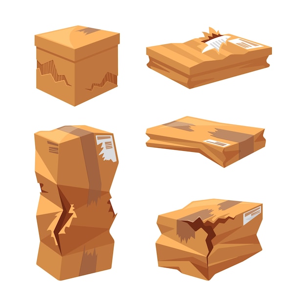 Vector set of damaged cardboard boxes with various sizes and shapes with signs of wear and tear holes wrinkles illustration