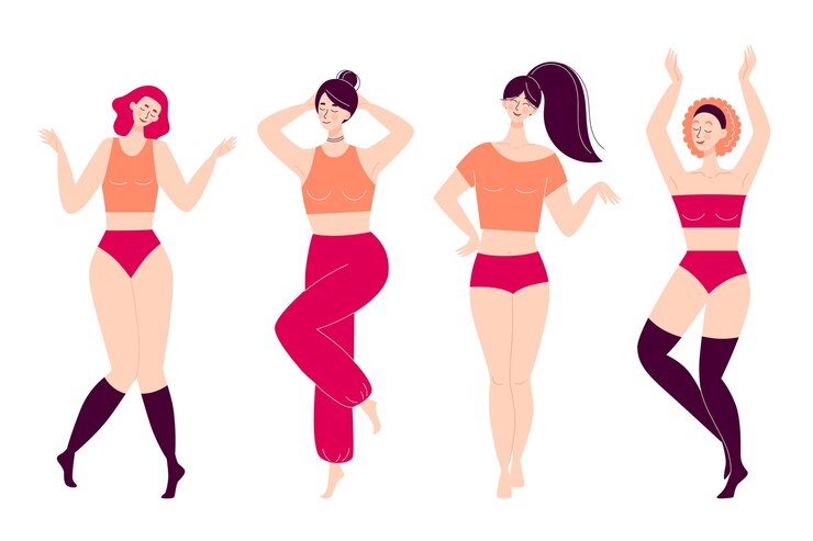 Vector 踊る幸せな若い女性のセットです。ディスコ、スポーツ活動、フィットネス、動き。自分の体を愛する。