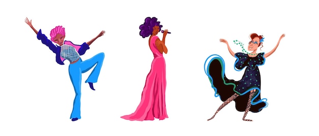 Vector set of dancing and singing women of different ages