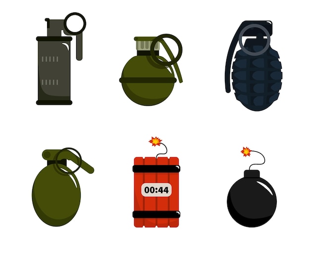 Set of dangerous grenades in cartoon style Vector illustration of military explosives such as offensive defensive and smoke grenades dynamite and bombs on white background