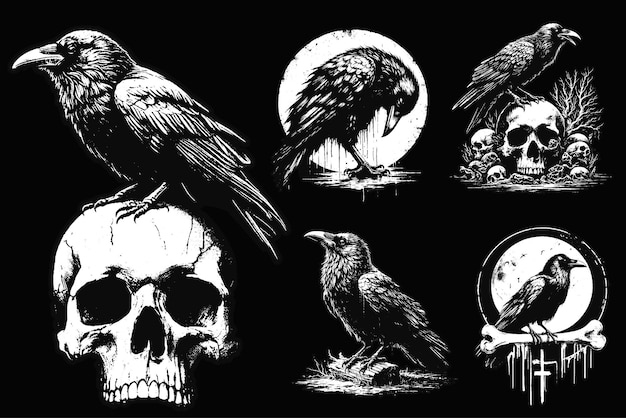 Set Dark Art Crows Raven Bird with Skull and Bones Grunge Vintage Old School Style illustration for Merch