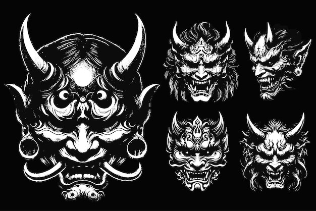 Set Dark Art Hannya Mask Japanese Oni Devil Oriental Horror Art Grunge Vintage Old School illustration