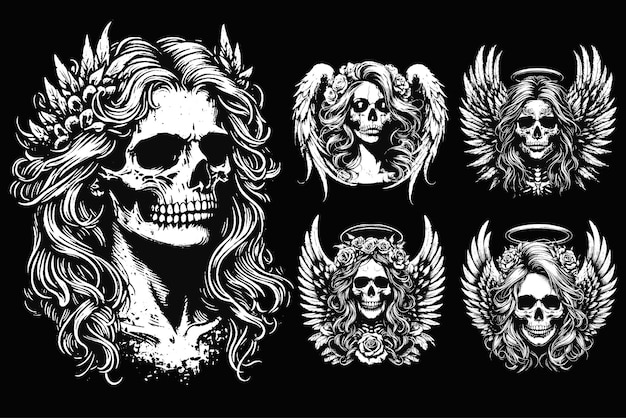 Set Dark Art Skull Angel Face met vleugels Horror Grunge Vintage Tattoo illustratie zwart wit