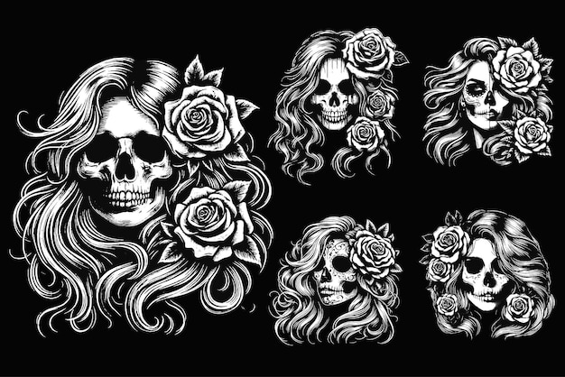 Set dark art skull girl with long hair rose woman grunge vintage tattoo illustration black white