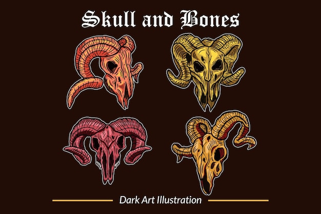 Set dark art skull head and bones horror vintage collection for tattoo and tshirt hand drawn