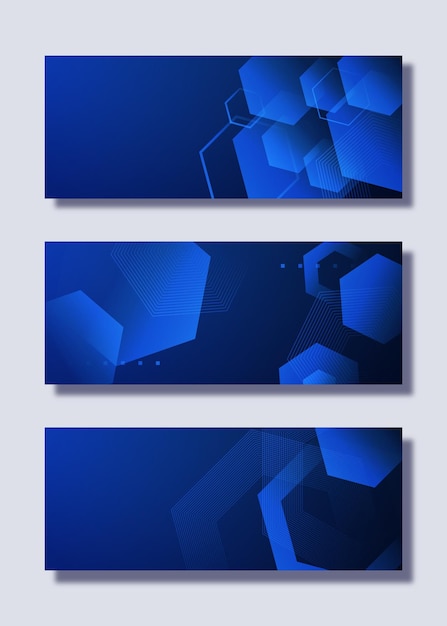 Vector set of dark blue gradient minimal vector background banner with dotted and hexagon shape