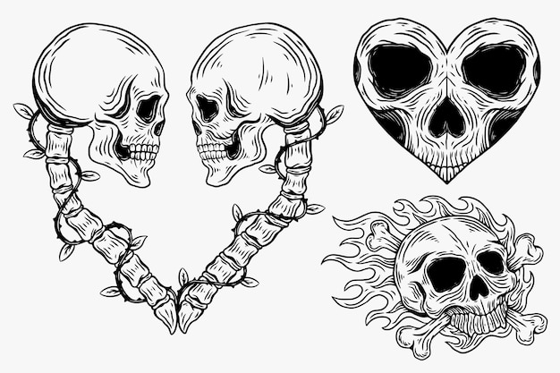 Set Dark illustration Skull Head Bones Hand drawn Hatching Outline Style for Tattoo Merchandise Tshirt Merch vintage