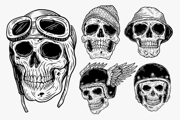 Vector set dark illustration skull head bones with hat and helmet hand drawn hatching outline style for tattoo merchandise tshirt merch vintage