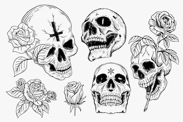 Premium Vector  Set of skull and bones in hand drawing style