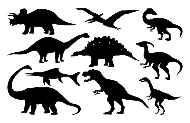 Vector set of dark silhouettes of different dinosaurs