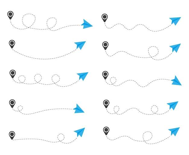 Set of dashed line paper airplane route with location icon