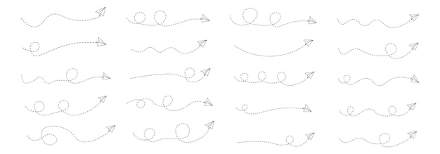 Set of dashed line paper airplane route