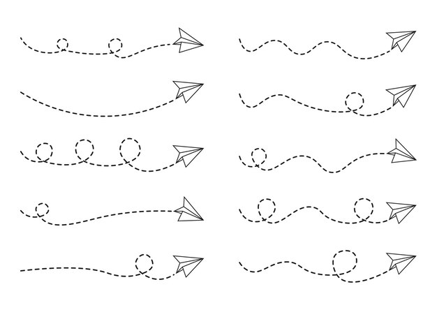 Set of dashed line paper airplane route