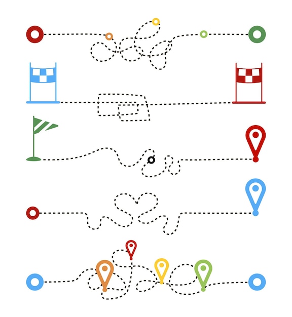 ベクトル 白い背景で分離された破線のパスルートを設定します。輸送追跡、旅行、地図ピン、位置ピン。目標に向かっているビジネスグラフ、心理療法。ベクトルイラスト。