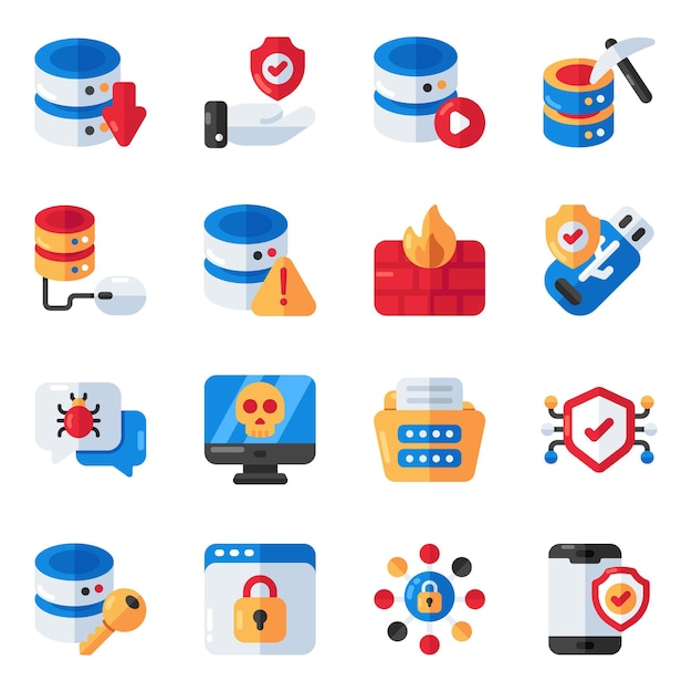 Set di icone piatte di sicurezza dei dati