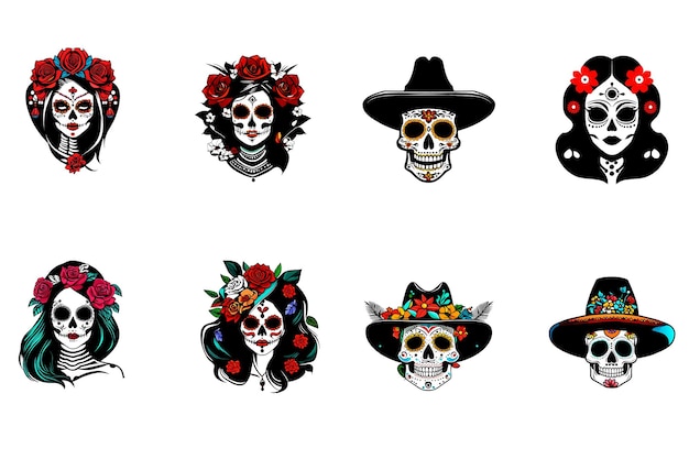 Vector set of day of the dead sugar skulls mexican skulls