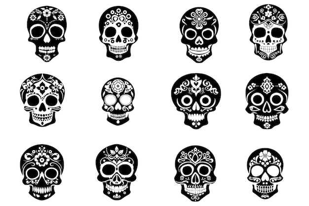 Set of day of the dead sugar skulls Mexican skulls