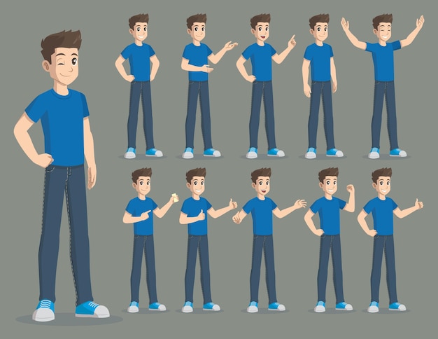 Vector set de poses de personaje joven caucasico