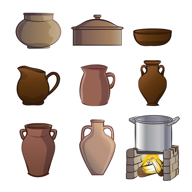 ベクトル set de vasijas tazas y ollas antiguas