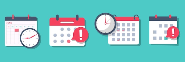 set of deadline calendar with clock and attention icon