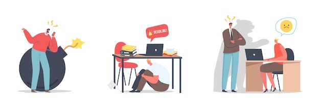 Set deadline, stress at work concept. angry boss yelling on anxious business people, stressed workers hurry up with job. clerk characters in office workplace, panic, fear. cartoon vector illustration