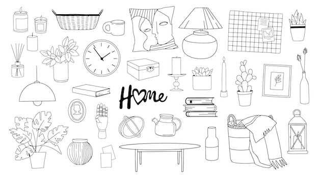 Vector set of decor items in black and white line art