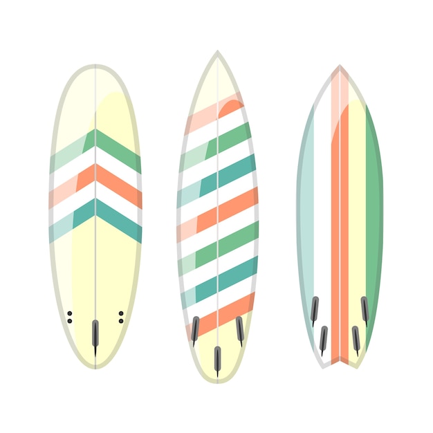 Set di tavole da surf colorate decorate. diverse forme e tipi isolati su sfondo bianco. tavola da surf