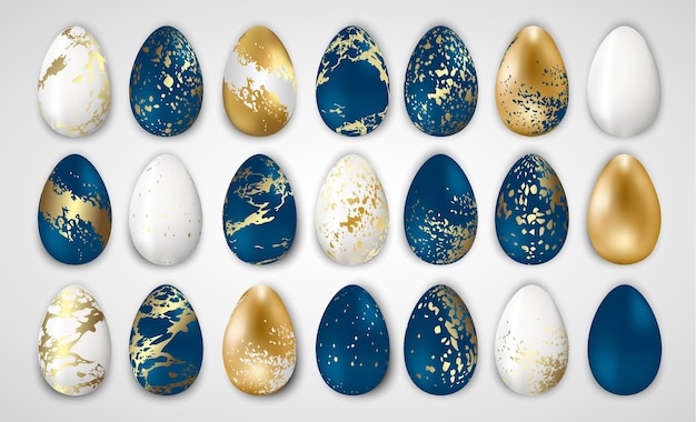 Vector set of decorated easter eggs gold blue marble pattern