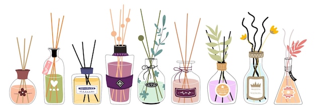 Set decoratieve aroma diffuseerflessen met stokken en bloemenelementen