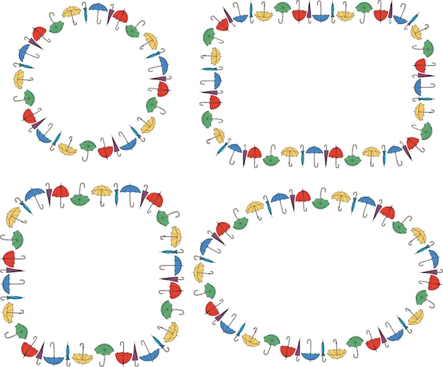 Set decoratieve lijsten van verschillende getekende kleurrijke paraplu's