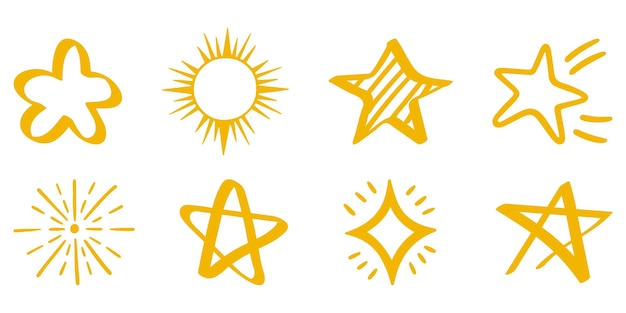 Set of decoration drawing stars in yellow Stars sun sunbeam icon collection