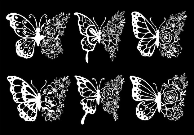 Set of decoration line art butterflies