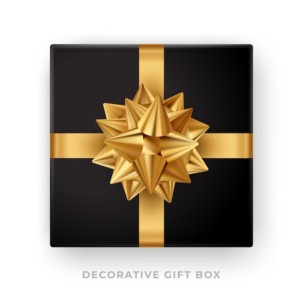 Set Decorative black gift box with gold bow and ribbon isolated on white background Top view Vector illustration