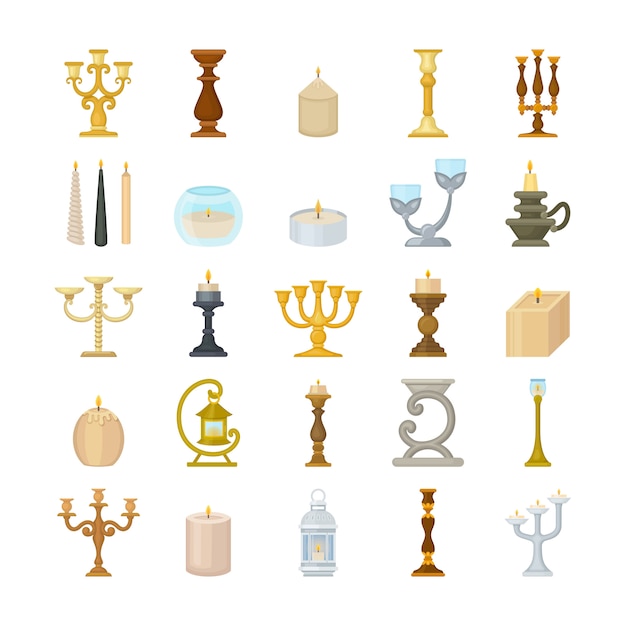 Vector set of decorative candlesticks and wax candles.