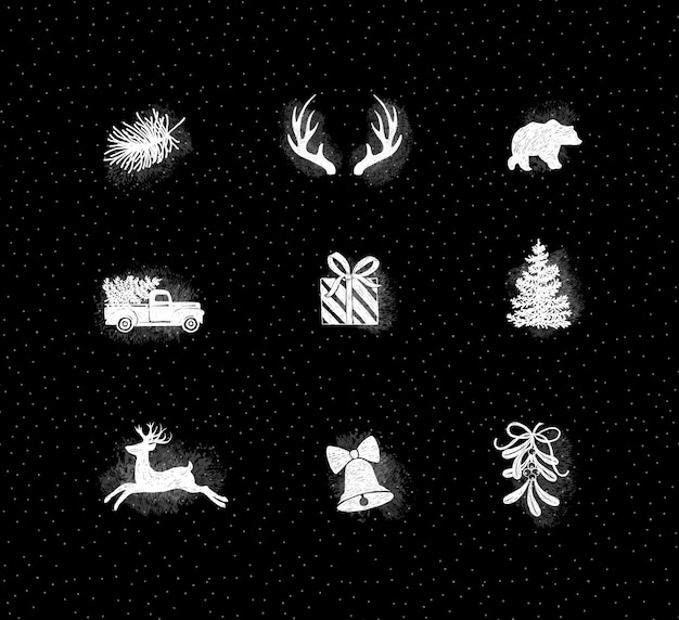 Set of decorative Christmas icon drawing with chalk in pen line style on chalkboard background.