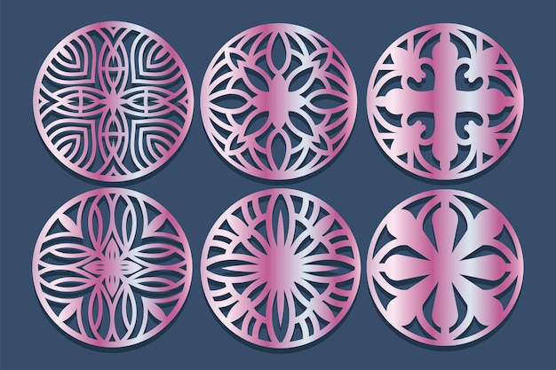 Set decorative circle coaster for laser cutting. Round abstract geometric coaster card.Laser cut de