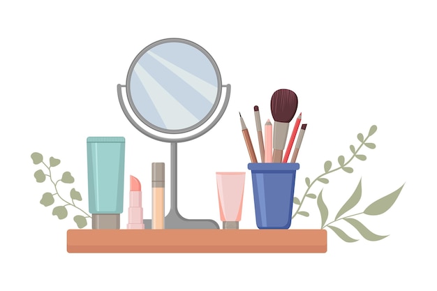 A set of decorative cosmetics and a mirror are on the shelf