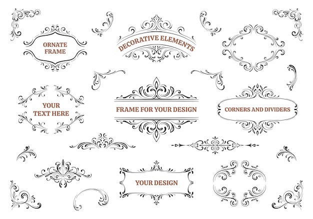 Set of decorative elements for design Hand drawn ornate frames borders dividers Vintage vector collection