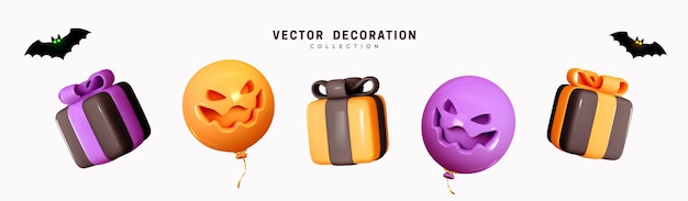 Set of decorative elements for Halloween. Emotional Smile Balloons with scary, evil on their faces. Realistic 3d design gift box. Traditional element of decor for holiday. Vector illustration