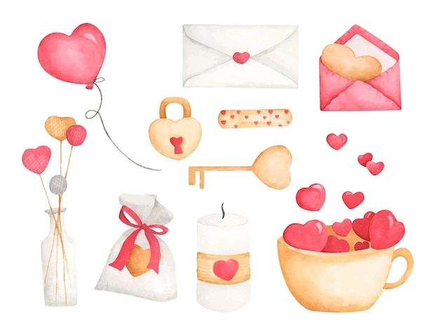 Vector set of decorative elements. symbols of valentine's day. watercolor illustration.