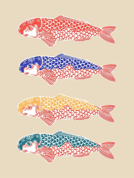 Set of decorative fish drawing hand drawn vector illustration koi salmon vintage japanese style