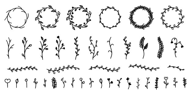 Set of decorative floral elements in the doodle style