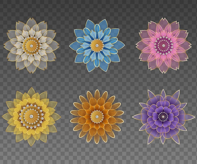 Set di fiori decorativi geometrici fiori colorati e trasparenti decorazioni floreali stilizzate