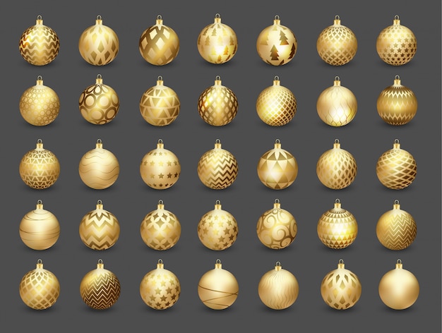 Set di palline di natale decorative in oro isolato su sfondo scuro,