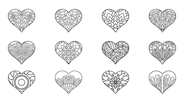 Set of decorative heart with mandala ornament