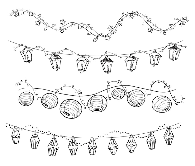 Vector set of decorative light garlands, party decoration vector line art