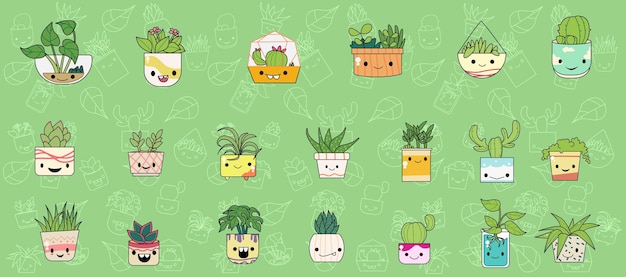 set of decorative plants, with cute characters for stationary and stickers.